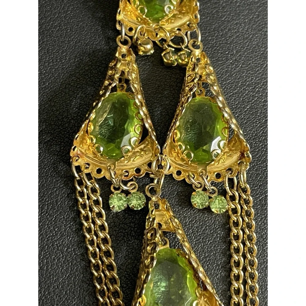 Vintage PARK LANE Necklace Rhinestone Green Gold Tone 22" Long Statement GLOW - Picture 7 of 16
